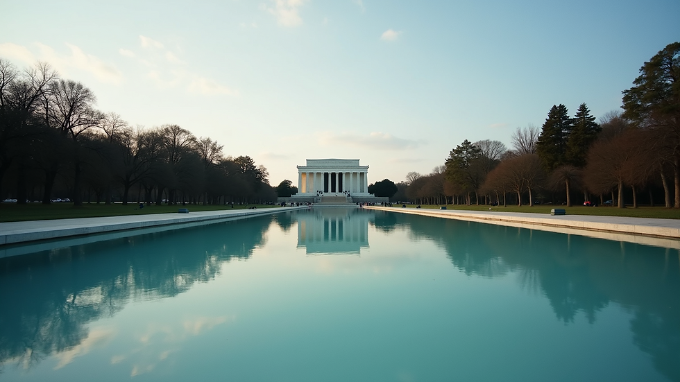 Eye-level view of the Lincoln Memorial reflecting in a nearby pool