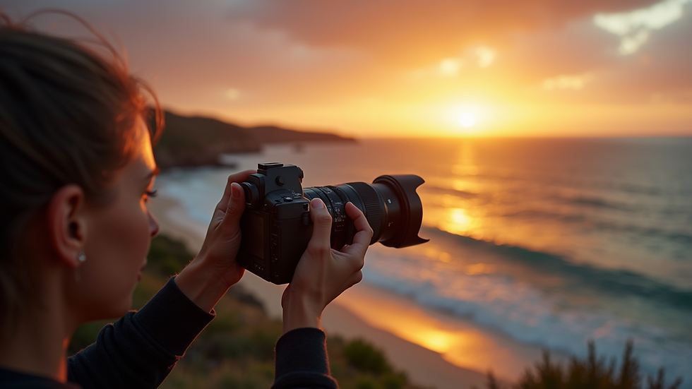 Eye-level view of a photographer capturing a sunset at a coastal Townsville location