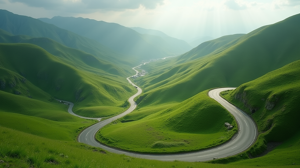 High angle view of winding road through lush green hills