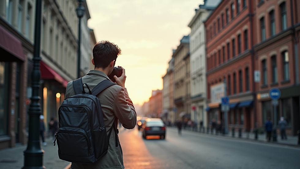 Eye-level view of a travel photographer capturing a beautiful cityscape