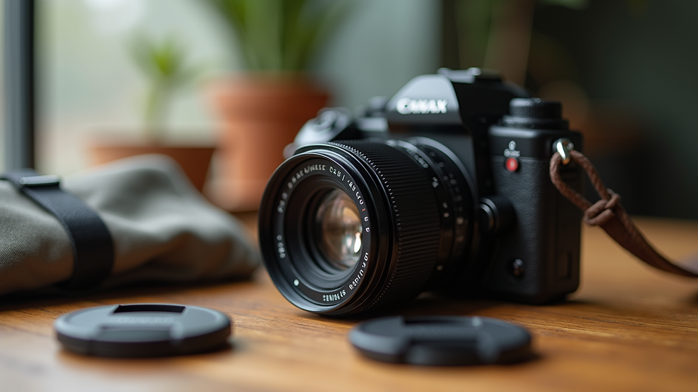 Close-up view of a camera lens and travel gear on a wooden table