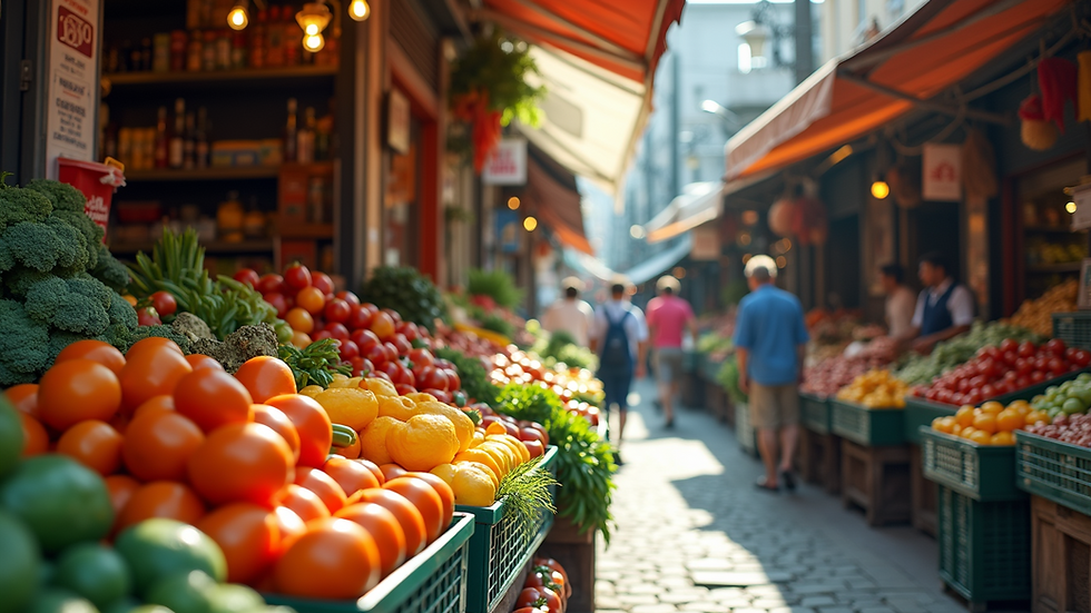 Eye-level view of colorful street market filled with fresh produce