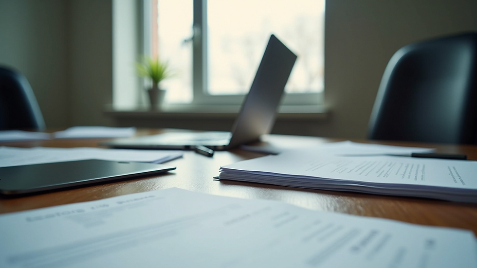 Eye-level view of a modern office workspace with organized documents and a laptop