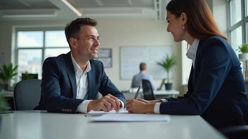 Eye-level view of a sales manager coaching a team member in an office