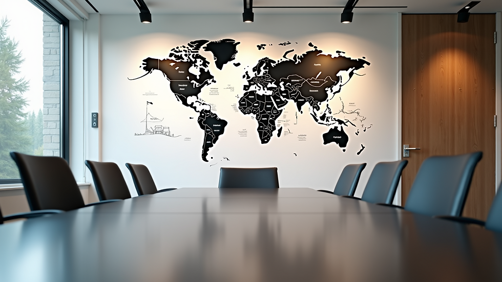 Eye-level view of a modern office meeting room with international maps on the wall