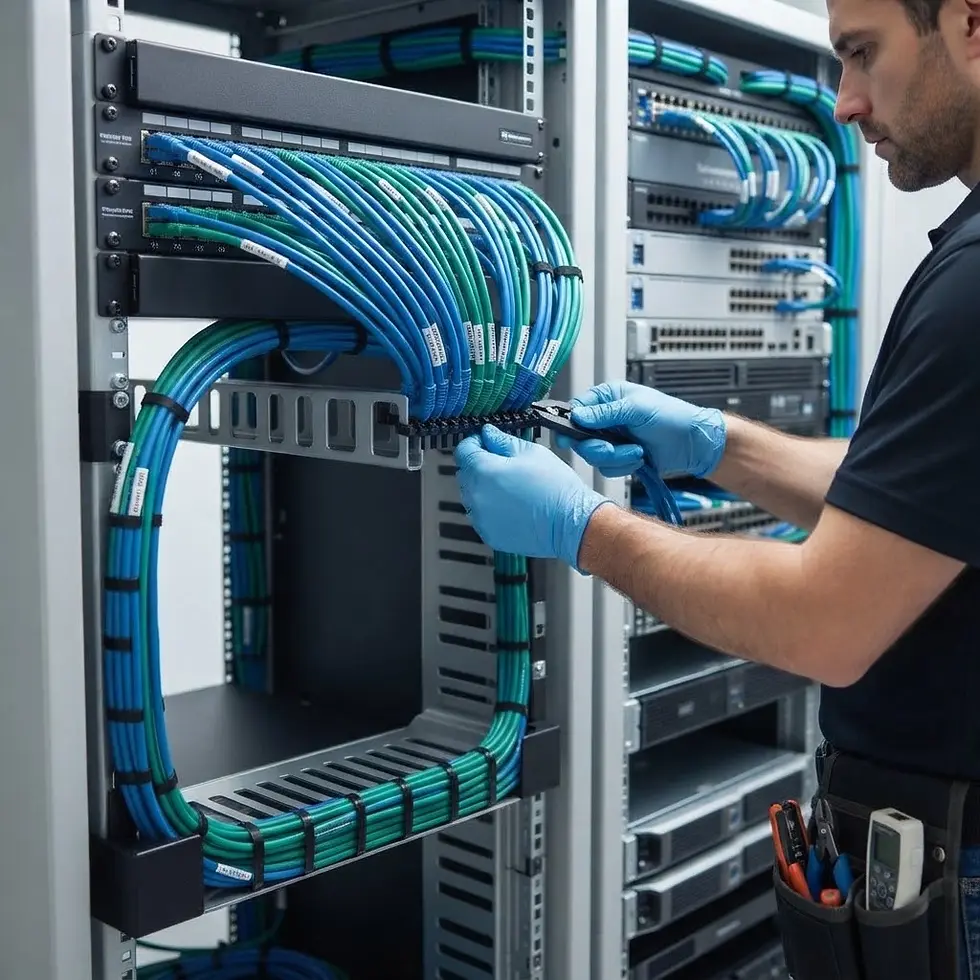 Studio photography of a network technician wearing blue gloves organizing cables in a server rack. The clean, bright setting emphasizes precision and technical expertise.