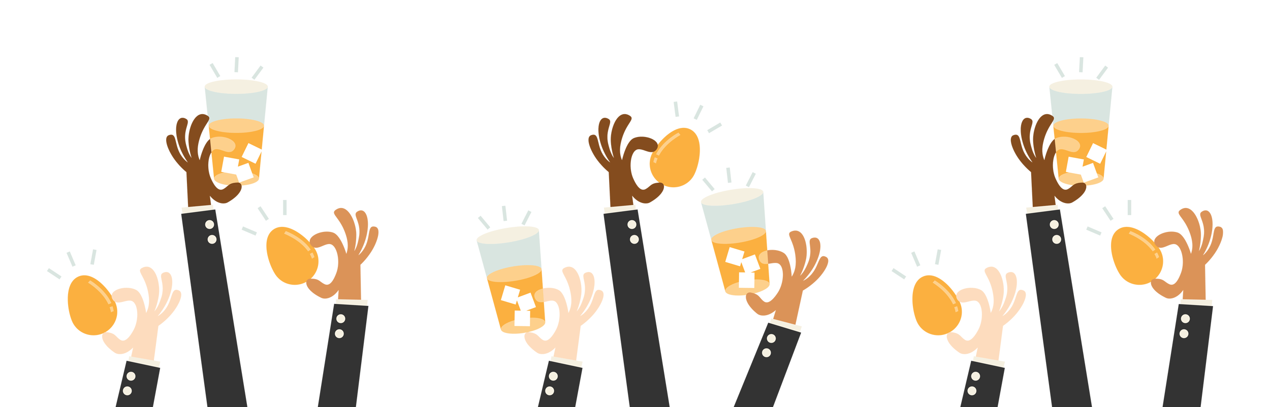 Hands holding lemonade glasses half full and golden eggs and saying "cheers!"