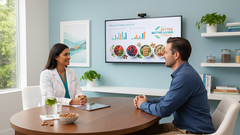 Eye-level view of a consultation room with a nutritionist discussing test results