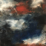 Waves awash in ultramarine blue, sienna, black, and white of an angry sea