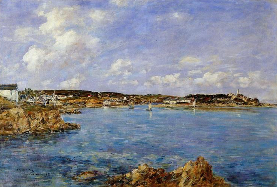 “The Bay of Douarnenez” is a captivating landscape oil painting completed by the French artist Eugene Boudin in 1897
