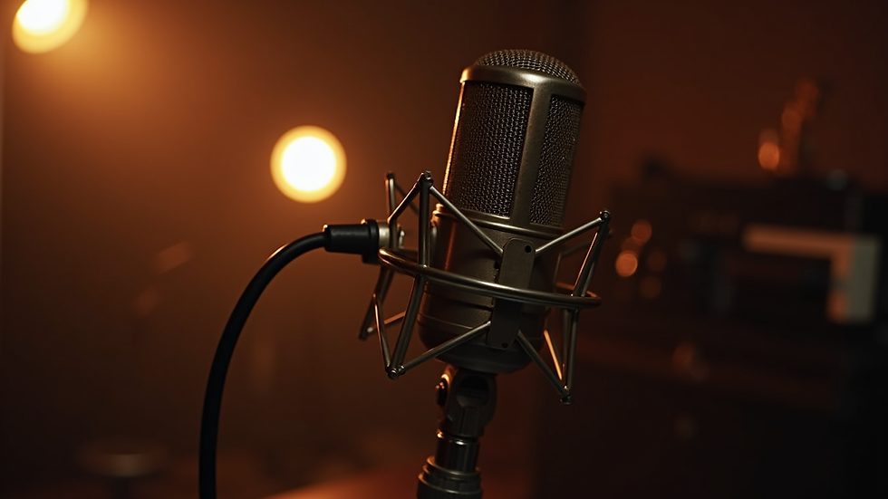 Close-up view of a vintage microphone in a dimly lit recording studio