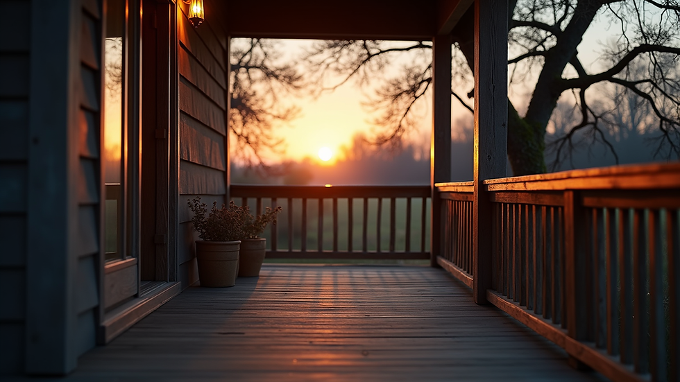 Eye-level view of a rustic wooden porch bathed in soft twilight