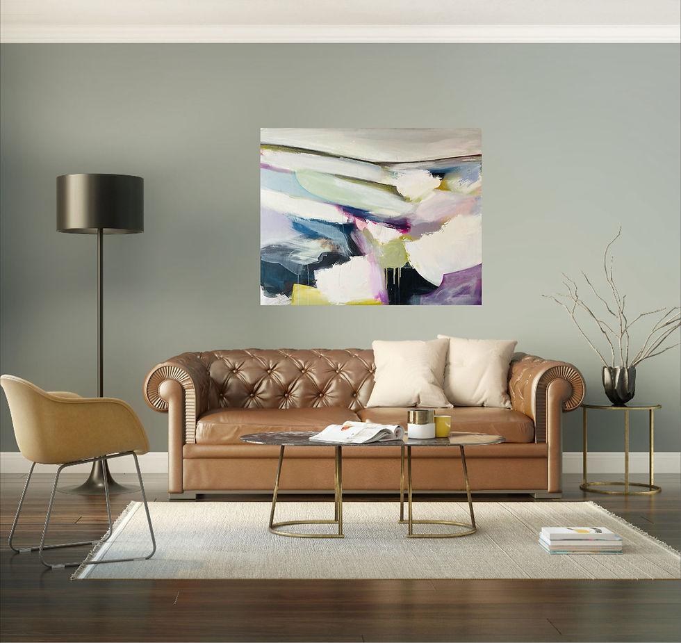 Close-up view of an abstract landscape painting with earthy tones