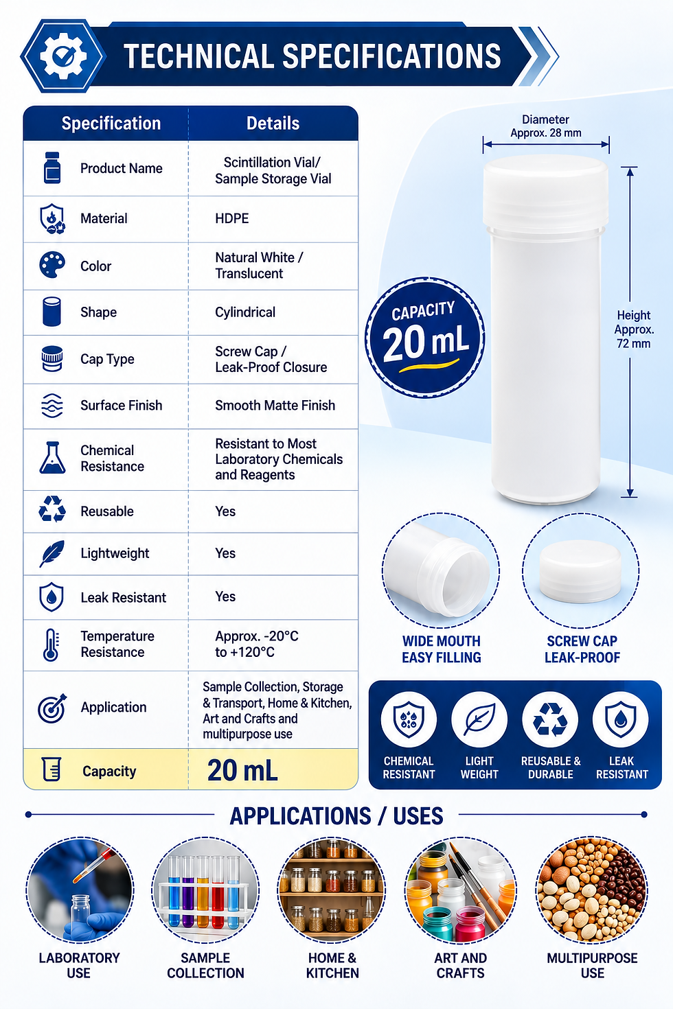 Thumbnail: Scintillation Vial Pack of 5 | Storage Vial 20ml HDPE with Screw Cap, Leak Proof
