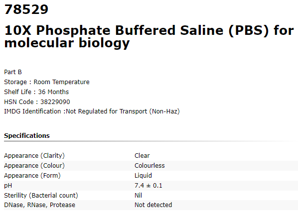 Thumbnail: 10X Phosphate Buffered Saline (PBS) for molecular biology 100ML SRL