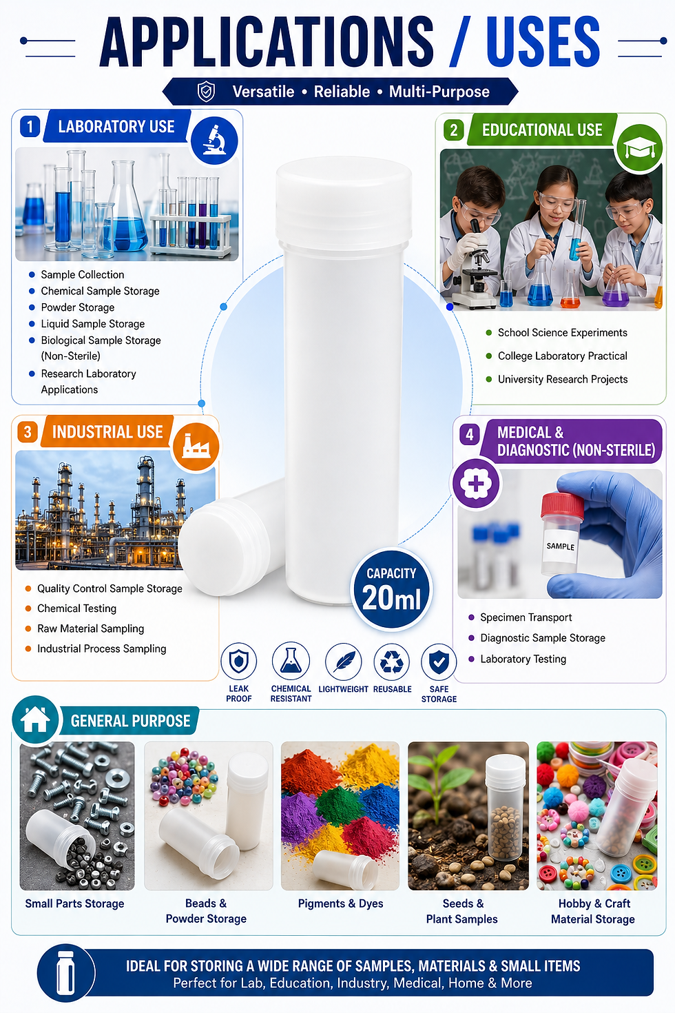 Thumbnail: Scintillation Vial Pack of 5 | Storage Vial 20ml HDPE with Screw Cap, Leak Proof