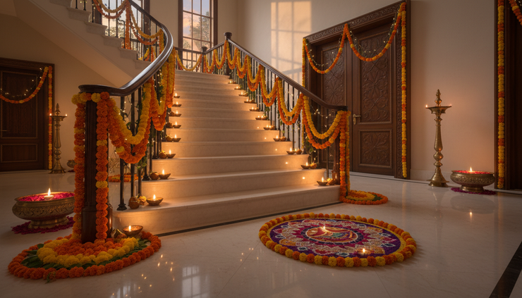 Wide-angle view of festive staircase lighting for Diwali