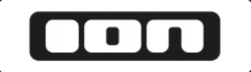 Black and white stylized "ion" logo with rounded letters, white background.