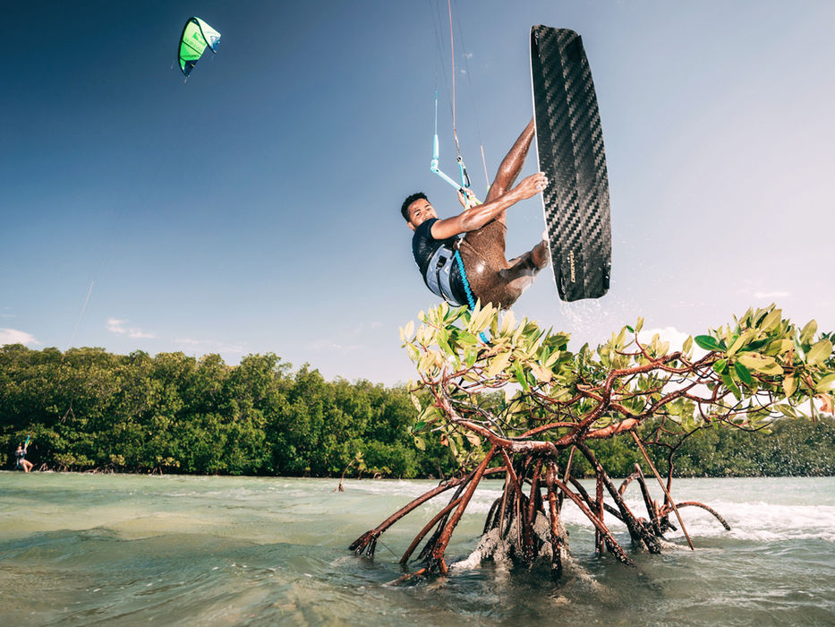 Kitesurfer jumps over a mangrove tree in shallow water.