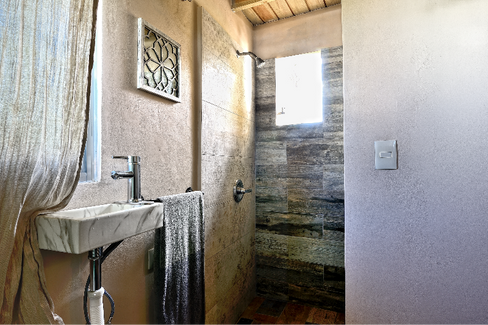 Small Terrace Loft bathroom with sink and shower curtain, Cabarete Boutique Kite Hotel