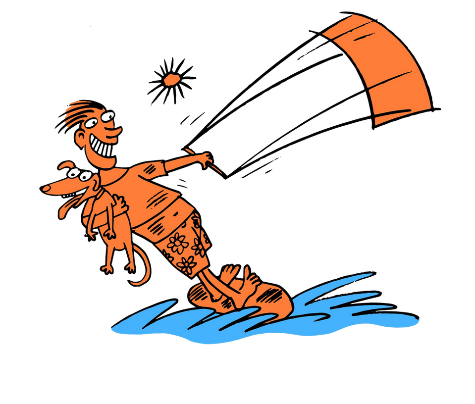 Illustration of a kitesurfer catching the wind on a vibrant sea.
