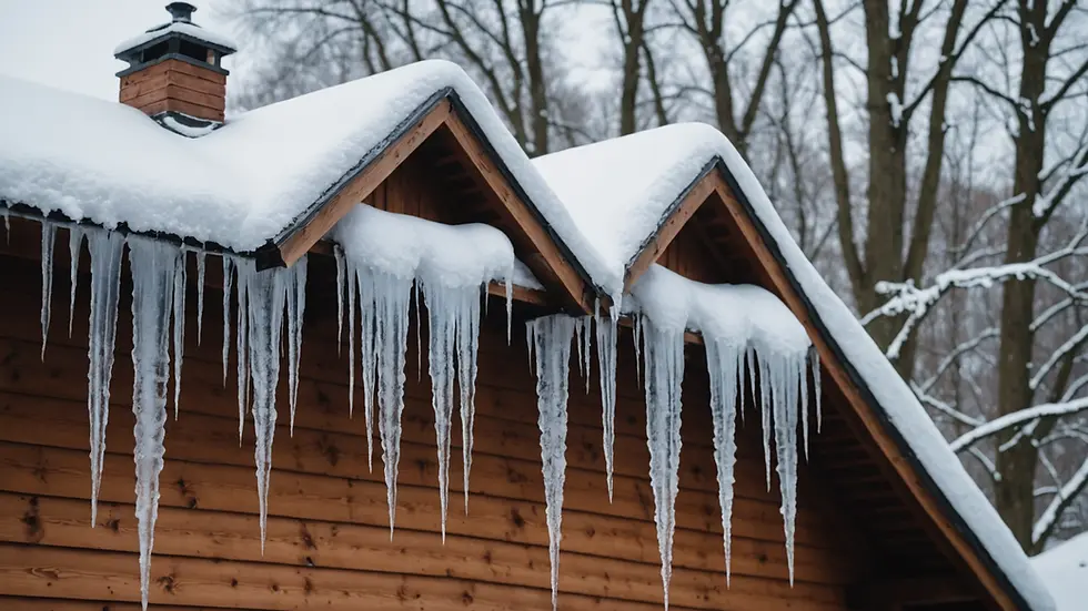 Close-up view of a snow-covered roof with icicles