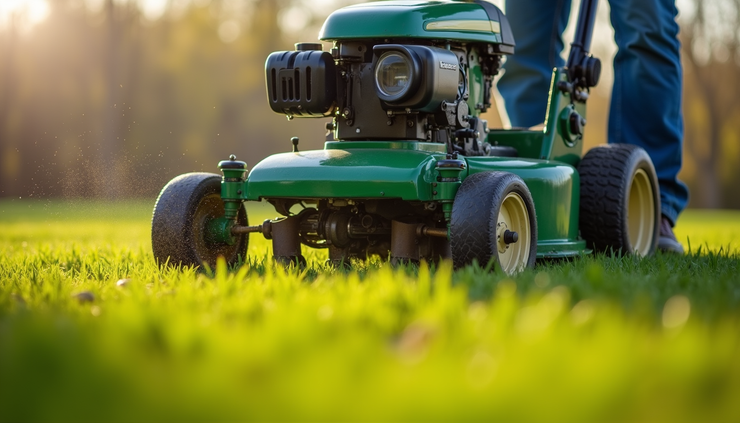 Close-up view of a homeowner aerating a lawn in Alberta with spring sunlight