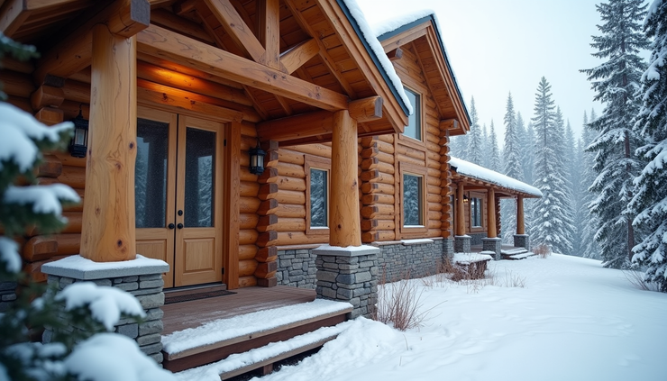 Eye-level view of a log home exterior showing weathered logs and protective stain application
