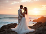 Création d'un moodboard couple posent sur des rochers au bord de l'océan au coucher du soleil.