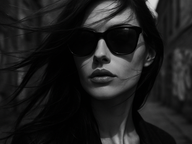 Un portrait photographique dramatique et monochrome capture une femme aux cheveux noirs de jais flottant au vent, balayés sur son visage par une forte brise. Son visage est partiellement dissimulé par de larges lunettes de soleil aux verres miroirs foncés, créant un mystère envoûtant et mettant en valeur les angles marqués de ses pommettes et de son nez. L’attention se porte sur ses lèvres pleines, légèrement entrouvertes, soulignées par un jeu subtil d’ombres. À l’arrière-plan, une ruelle urbaine floue ornée de graffitis ajoute de la texture. Une lumière douce et directionnelle venant de la gauche éclaire son visage, projetant de longues ombres et insufflant une ambiance cinématographique de style film noir.