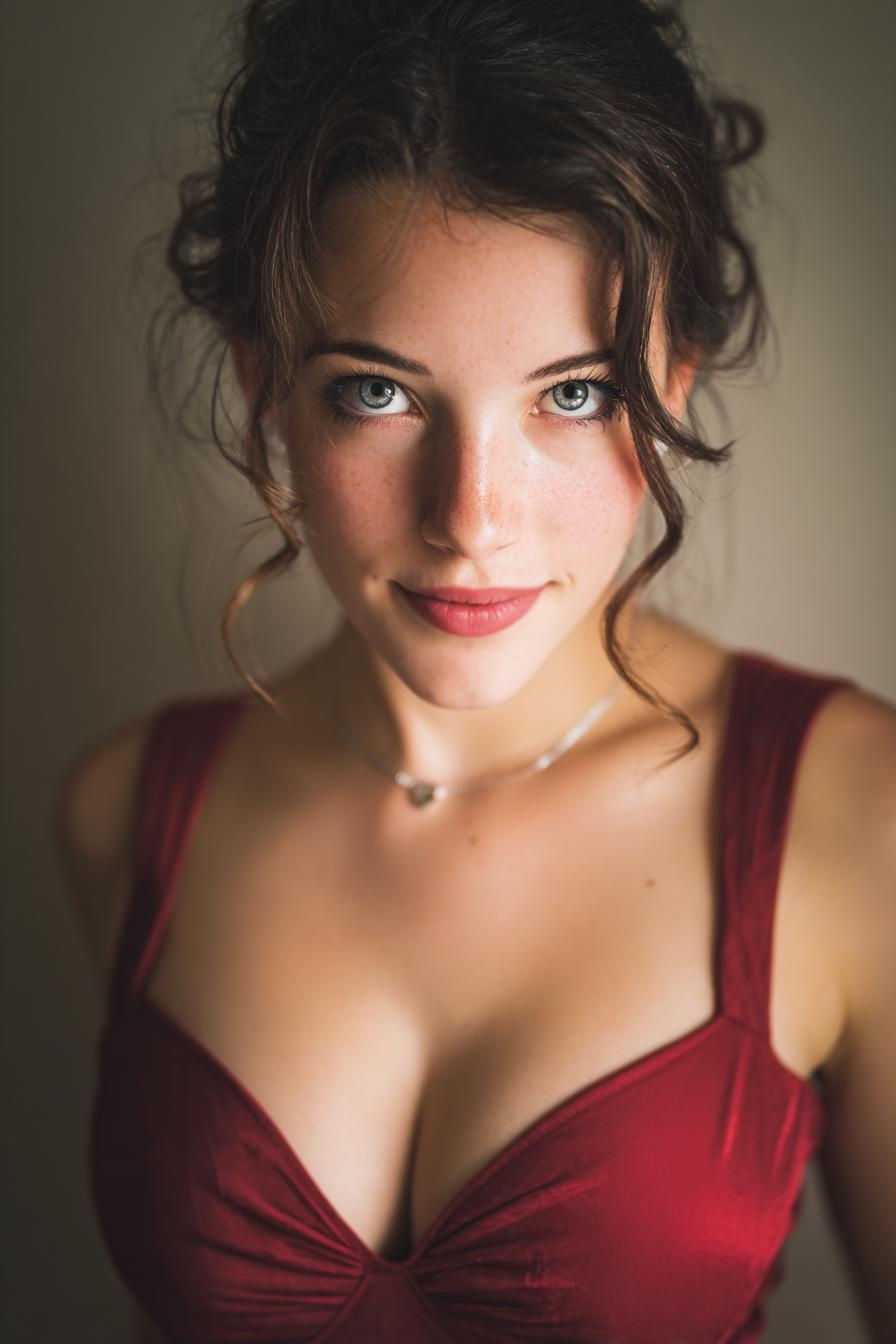 Inspiration d'une femme magnifique aux yeux bleus captivants, portant une robe élégante et moulante qui met en valeur ses courbes.