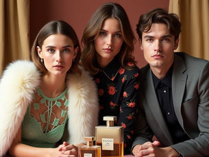 Création d'une image de campagne luxe pour parfums Gucci dans un décor intérieur raffiné