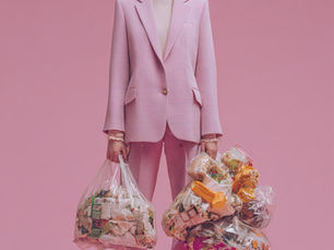Création d'un moodboard d'une femme en tailleur rose sac de recyclage