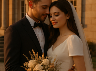 Création d'un moodboard couple de jeunes mariés enlacés tendrement