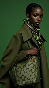 Portrait éditorial haute couture d’une femme noire stylisée dans des tons olive monochromes sur un f