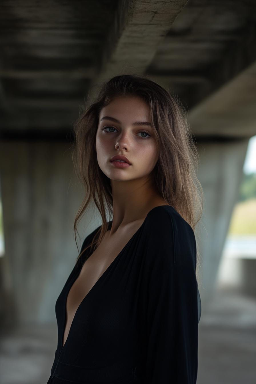 Création d'une image jeune femme caucasienne, robe noire, sous un pont.