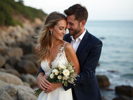 Création d'un moodboard jeunes mariés, enlacés tendrement, posent sur des rochers au bord de l'océan