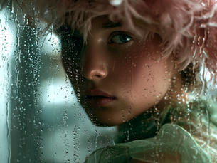 Création d'un moodboad regarde à travers une vitre ruisselante de pluie.