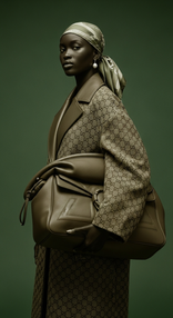 Portrait éditorial haute couture d’une femme noire stylisée dans des tons olive monochromes sur un f