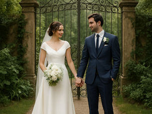 posent devant une grille en fer forgé dans un jardin luxuriant