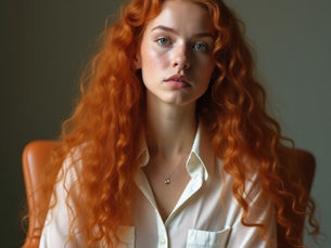 Création d'une image contemplative d'une jeune femme rousse aux très longs cheveux bouclés