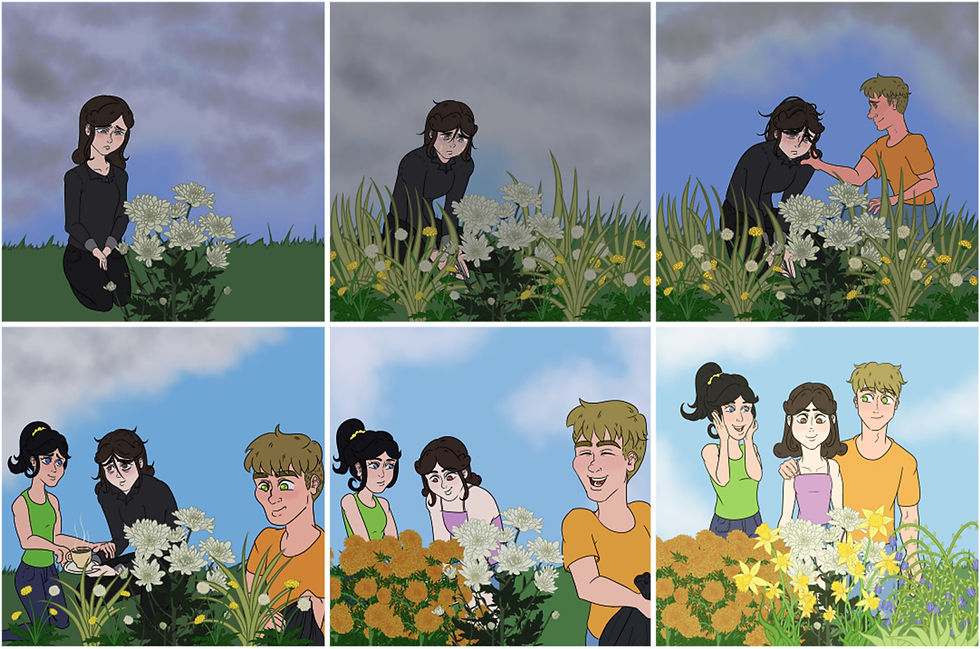 Animated comic strip with three friends tending flowers over time. Initially somber under cloudy skies, they become happy under clear skies, surrounded by vibrant flowers. No words. This is shared unspoken space.