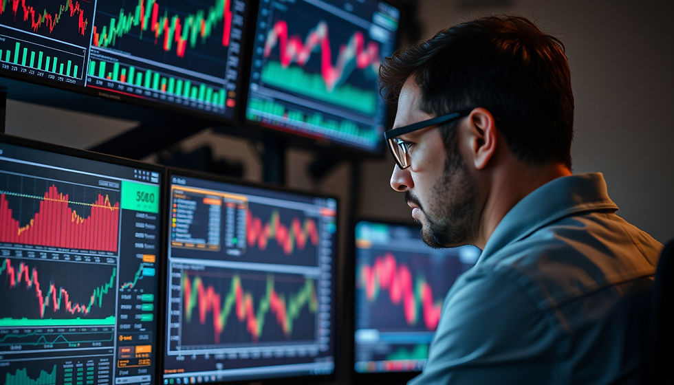 Eye-level view of a digital marketer analyzing data on multiple screens