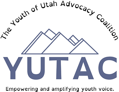 The YUTAC logo with a set of mountains behind it. It says the youth of utah advocacy coalition YUTAC, empowering and amplifying youth voice.