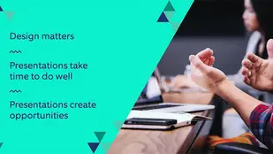 People interacting at a desk with a notebook and laptop. Text on a turquoise background about the benefits of presentation design services: "Design matters, Presentations take time, Presentations create opportunities."