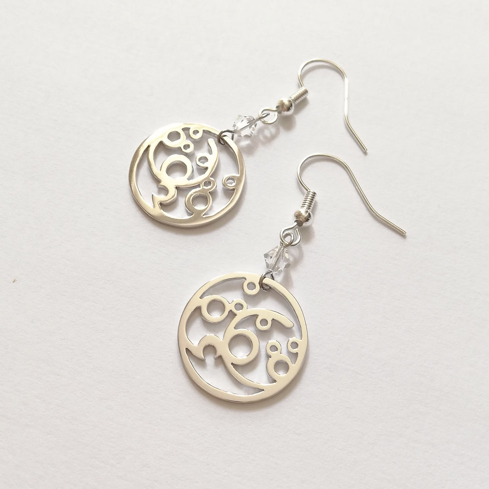 サムネイル： Silver circle earrings with one clear Swarovski on top. The circle has smaller circles inside.