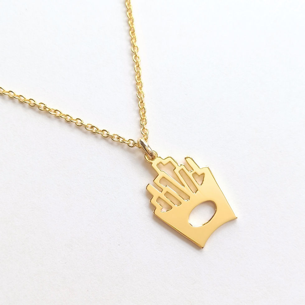 Thumbnail: Gold french fries necklace.  The top is flat shiny and cutout.