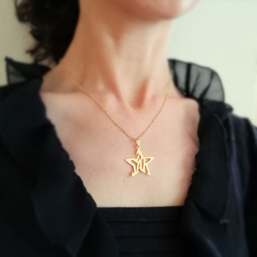 Thumbnail: A model is wearing gold star cutout pendant designed with English alphabet on black tops.