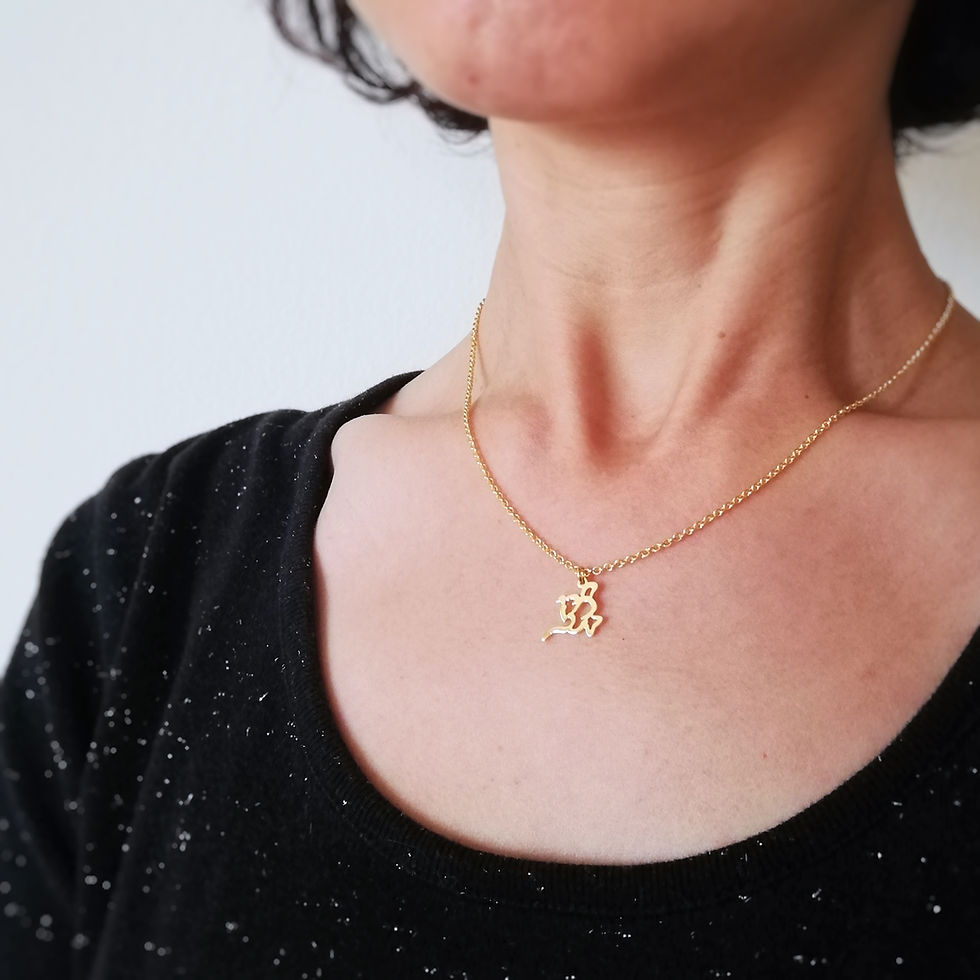 Thumbnail: A model is wearing  gold oil lamp shape pendant. The lamp shape is formed with Japanese word.