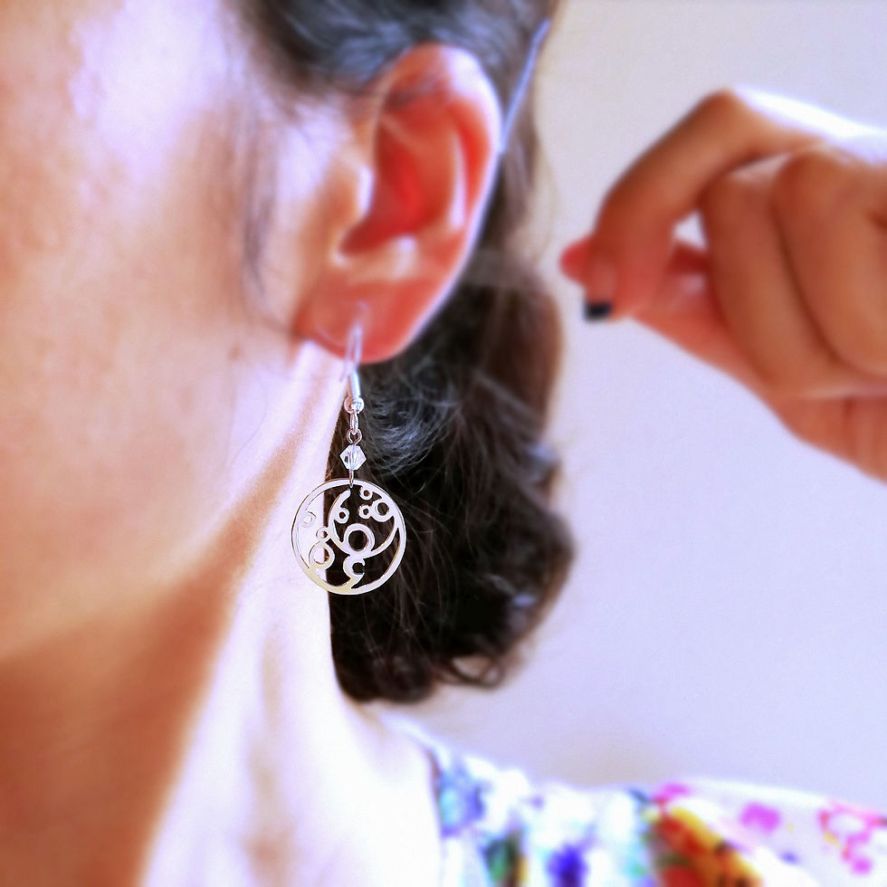 サムネイル： A model is lifting up Silver circle earring to her earlobe.